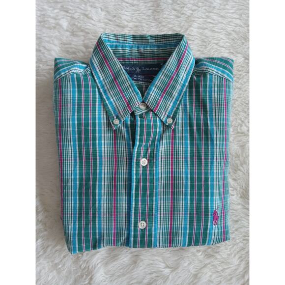 Polo Ralph Lauren Shirt Men Medium Blue Green Pink Plaid Button Up Casual Preppy - Picture 1 of 8